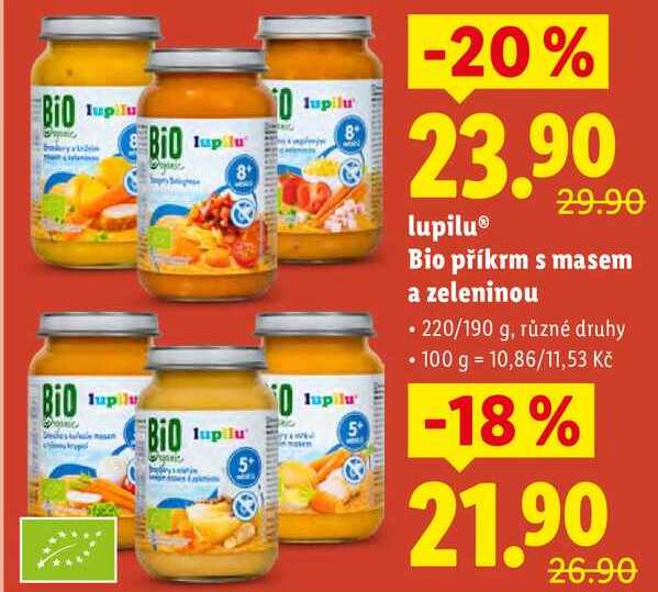 lupilu Bio příkrm s masem a zeleninou, 220/190 g