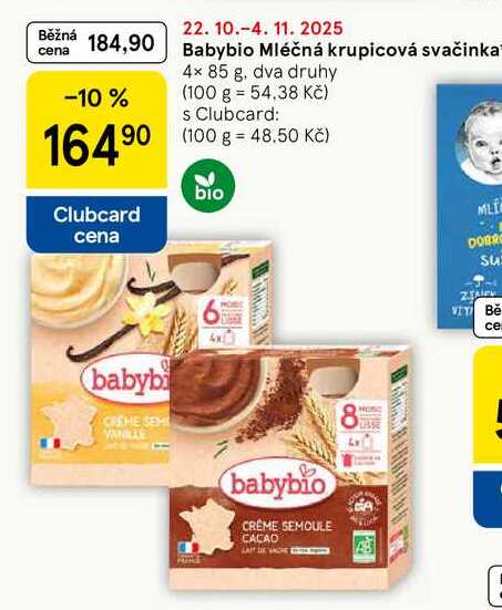 Babybio Mléčná krupicová svačinka, 4x 85 g