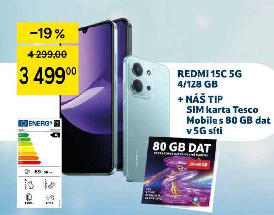 REDMI 15C 5G 4/128 GB + NÁŠ TIP SIM karta Tesco Mobiles 80 GB dat v 5G síti