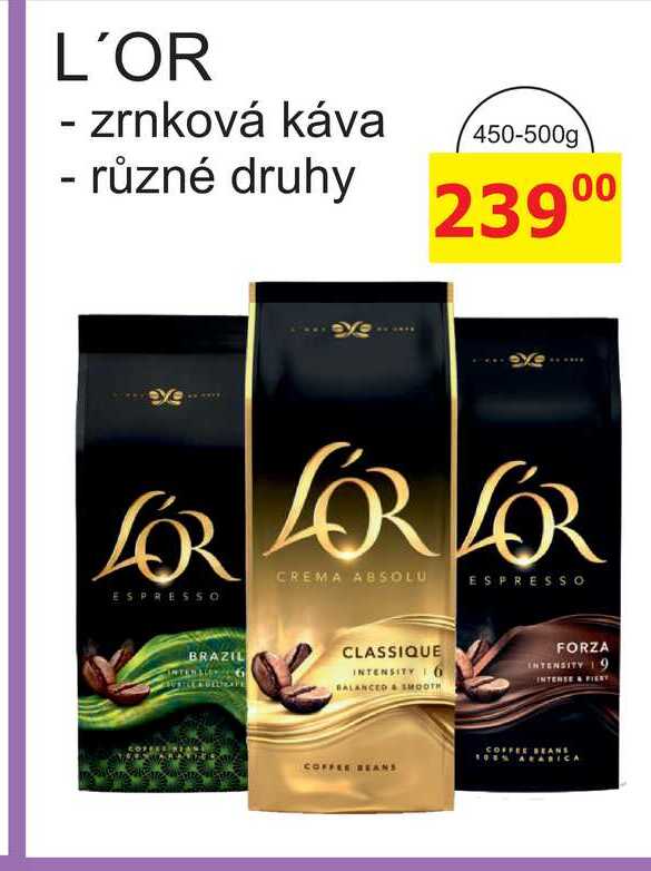 L'OR - zrnková káva, různé druhy 450-500g