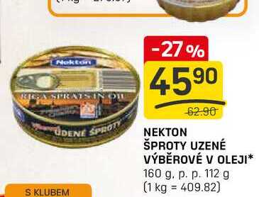 NEKTON ŠPROTY UZENÉ VÝBĚROVÉ V OLEJI 160 g. p. p. 112 g 