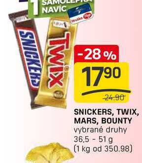 SNICKERS, TWIX, MARS, BOUNTY vybrané druhy 36,5-51 g 