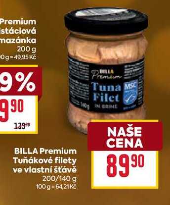 BILLA Premium Tuňákové filety ve vlastní šťávě 200/140 g