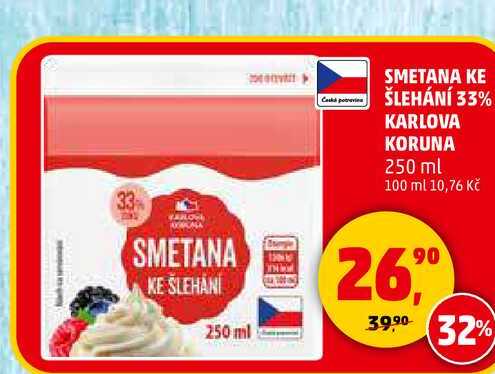 SMETANA KE ŠLEHÁNÍ 33% KARLOVA KORUNA, 250 ml