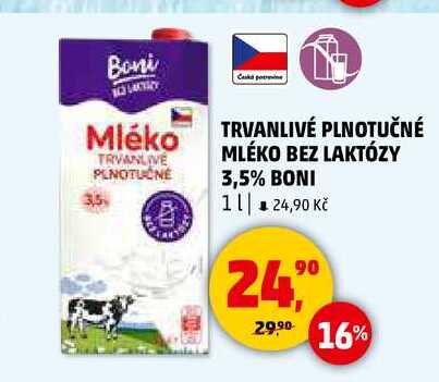 TRVANLIVE PLNOTUČNÉ MLÉKO BEZ LAKTÓZY 3,5% BONI, 1 l