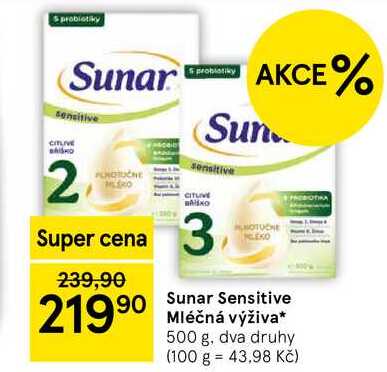 Sunar Sensitive mléčná výživa, 500 g, dva druhy