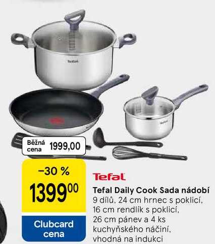 Tefal Daily Cook Sada nádobí, 9 dílů, 24 cm hrnec s poklicí, 16 cm rendlík s poklicí. 26 cm pánev a 4 ks kuchyňského náčiní, vhodná na indukci