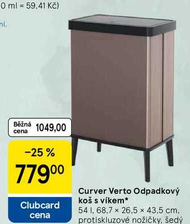 Curver Verto Odpadkový koš s víkem, 54 l, 68.7 x 26.5 x 43.5 cm. protiskluzové nožičky, šedý 
