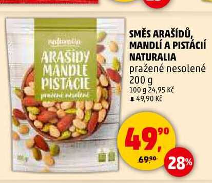 SMĚS ARAŠÍDŮ, MANDLÍ A PISTÁCIÍ NATURALIA pražené nesolené, 200 g