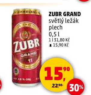 ZUBR GRAND světlý ležák plech, 0,5 l