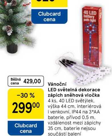 Vánoční LED světelná dekorace zápich sněhová vločka, 4 ks, 40 LED světýlek. výška 44 cm, interiérová i venkovní, IP44 na 3*AA baterie, přívod 0.5 m. vzdálenost mezi zápichy 35 cm, baterie nejsou součástí balení 