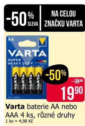 Varta baterie AA nebo AAA 4 ks, různé druhy