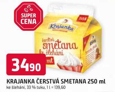 KRAJANKA ČERSTVÁ SMETANA 250 ml ke šlehání, 33% tuku