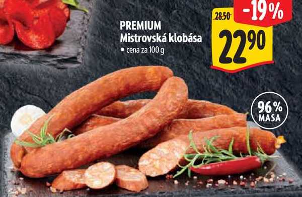 PREMIUM Mistrovská klobása, cena za 100 g  