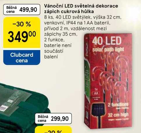 Vánoční LED světelná dekorace zápich cukrová hůlka, 8 ks, 40 LED světýlek, výška 32 cm. venkovní, IP44 na 1 AA baterii. přívod 2 m. vzdálenost mezi zápichy 35 cm, 2 funkce. baterie není součástí balení