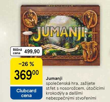 Jumanji společenská hra, zažijete střet s nosorožcem. útočícími krokodýly a dalšími nebezpečnými stvořeními