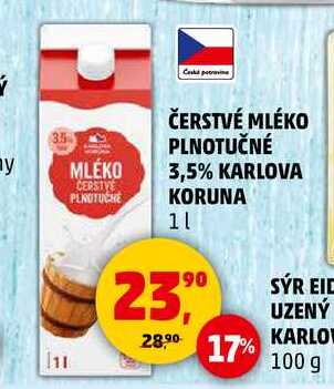 ČERSTVÉ MLÉKO PLNOTUČNÉ 3,5% KARLOVA KORUNA, 1 l