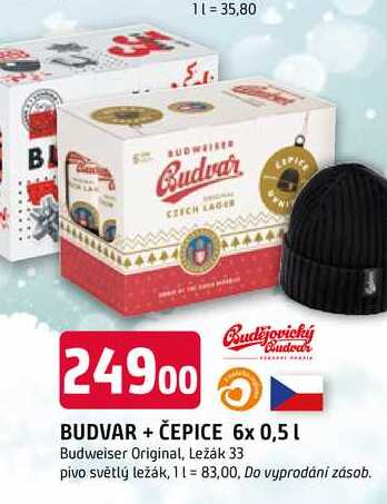 BUDVAR + ČEPICE 6x 0,5L Budweiser Original