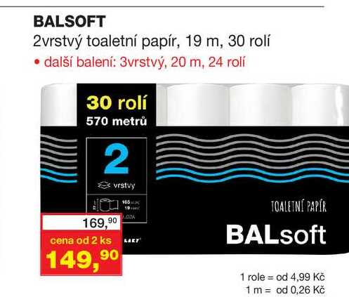 BALSOFT 2vrstvý toaletní papír, 19 m, 30 rolí
