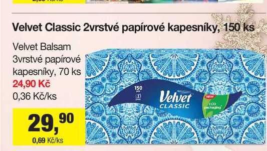 Velvet Classic 2vrstvé papírové kapesníky, 150 ks