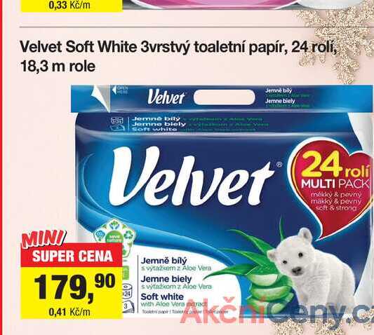Velvet Soft White 3vrstvý toaletní papír, 24 rolí, 18,3 m