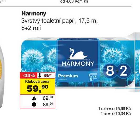 Harmony 3vrstvý toaletní papír, 17,5 m, 8+2 rolí