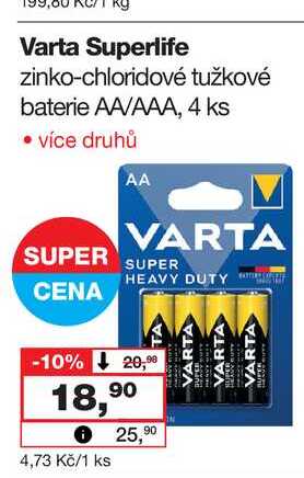 Varta Superlife zinko-chloridové tužkové baterie AA/AAA, 4 ks