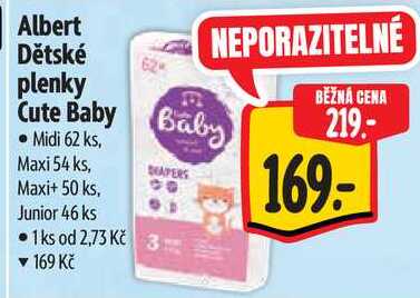 Albert Dětské plenky Cute Baby Baby, Midi 62 ks, Maxi 54 ks, Maxi+ 50 ks, Junior 46 ks 