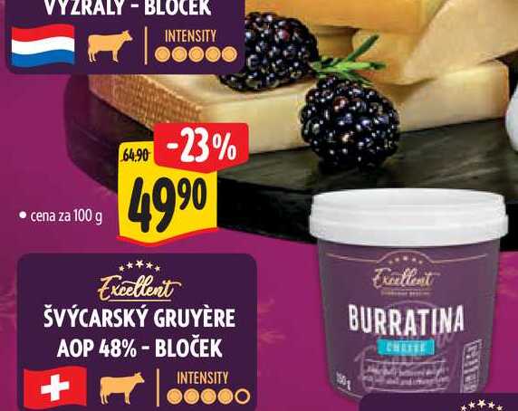 ŠVÝCARSKÝ GRUYÈRE AOP 48% - BLOČEK, cena za 100 g
