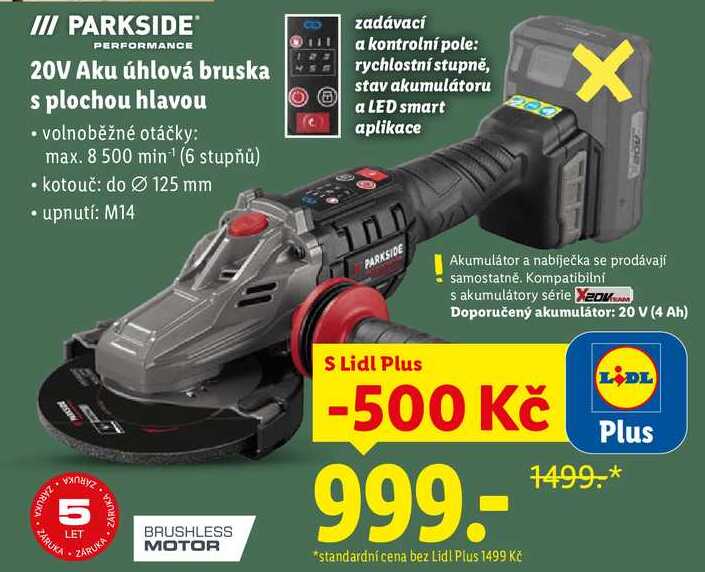 PARKSIDE 20V Aku úhlová bruska s plochou hlavou