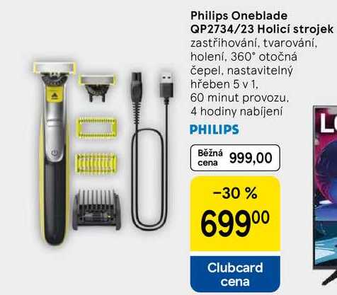 Philips Oneblade QP2734/23 Holicí strojek, zastřihování, tvarování, holení, 360° otočná čepel, nastavitelný hřeben 5 v 1, 60 minut provozu. 4 hodiny nabíjení