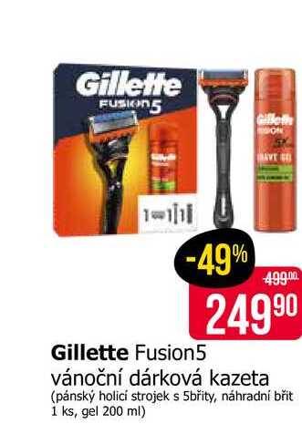 Gillette Fusion5 vánoční dárková kazeta (pánský holicí strojek s 5břity, náhradní břit 1 ks, gel 200 ml)