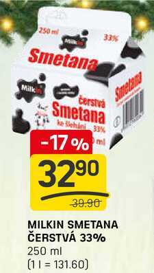 MILKIN SMETANA ČERSTVÁ 33% 250 ml v akci