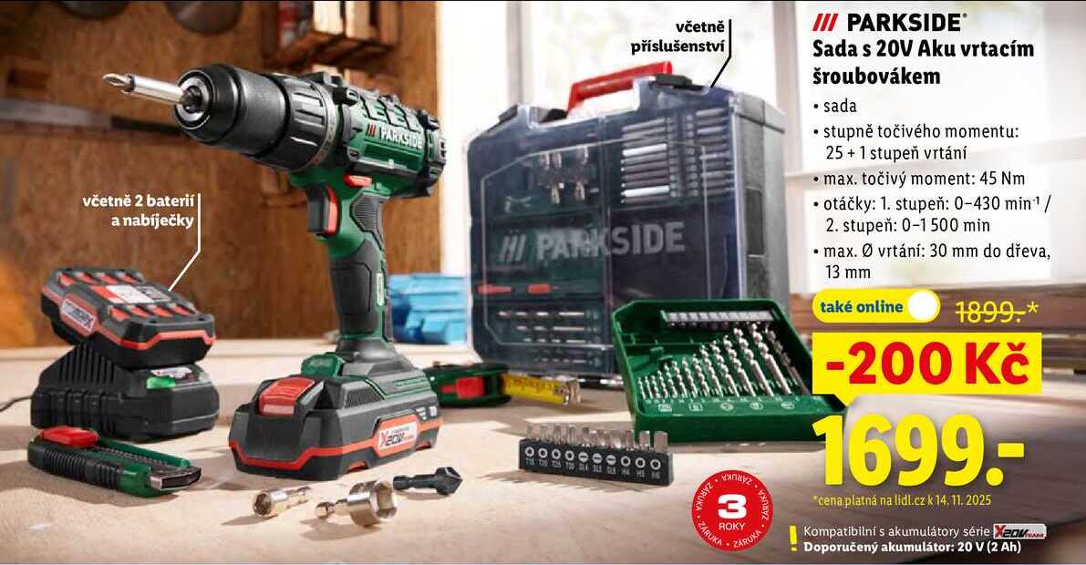 PARKSIDE Sada s 20V Aku vrtacím šroubovákem