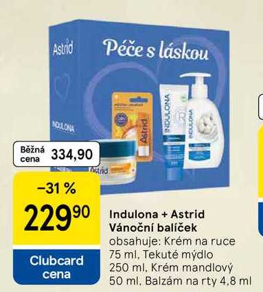 Indulona + Astrid Vánoční balíček obsahuje: Krém na ruce 75 ml. Tekuté mýdlo 250 ml. Krém mandlový 50 ml. Balzám na rty 4,8 ml 