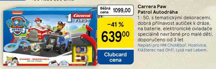 Carrera Paw Patrol Autodráha, 1:50, s tematickými dekoracemi, dobrá přilnavost autíček k dráze. na baterie, elektronické ovladače speciálně navržené pro malé děti