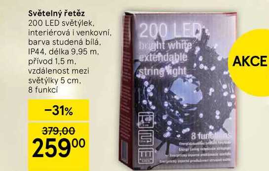 Světelný řetěz, 200 LED světýlek. interiérová i venkovní. barva studená bílá. IP44. délka 9,95 m. přívod 1.5 m. vzdálenost mezi světýlky 5 cm. 8 funkcí  