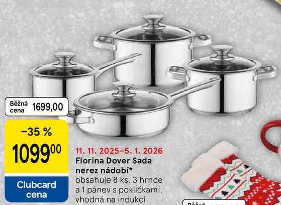 Florina Dover Sada nerez nádobí, obsahuje 8 ks. 3 hrnce a 1 pánev s pokličkami, vhodná na indukci 
