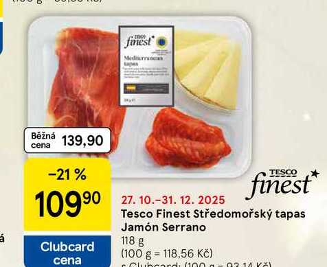 Tesco Finest Středomořský tapas Jamón Serrano, 118 g  