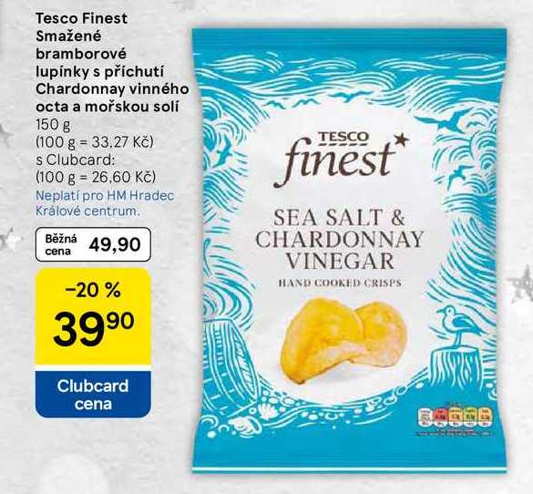Tesco Finest Smažené bramborové lupínky s příchutí Chardonnay vinného octa a mořskou solí, 150 g  