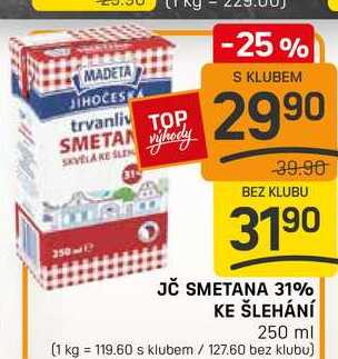 JČ SMETANA 31% KE ŠLEHÁNÍ 250 ml