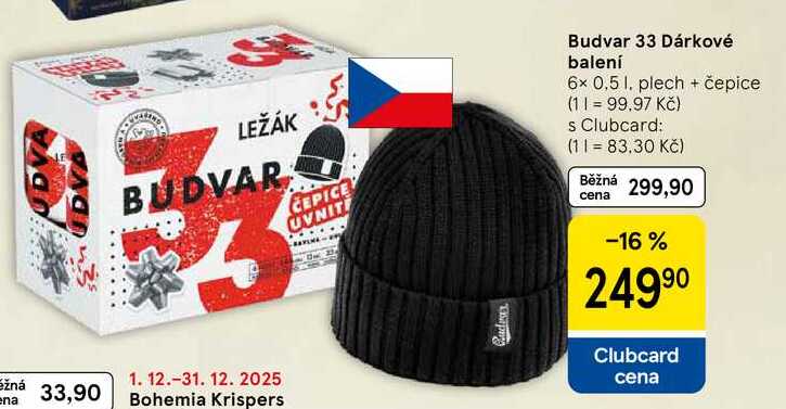 Budvar 33 Dárkové balení, 6x 0.5 l, plech + čepice  
