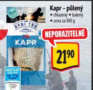 Kapr - půlený, cena za 100 g 