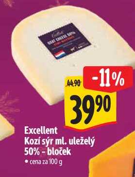 Excellent Kozí sýr ml. uleželý 50% - bloček, cena za 100 g