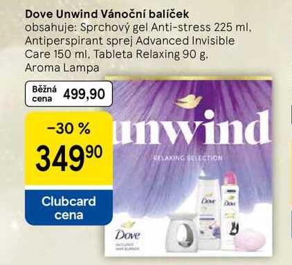 Dove Unwind Vánoční balíček obsahuje: Sprchový gel Anti-stress 225 ml. Antiperspirant sprej Advanced Invisible Care 150 ml. Tableta Relaxing 90 g. Aroma Lampa 