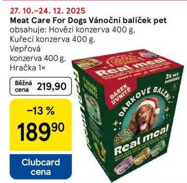 Meat Care For Dogs Vánoční balíček pet obsahuje: Hovězí konzerva 400 g. Kuřecí konzerva 400 g. Vepřová konzerva 400 g. Hračka 1x 
