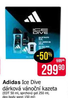 Adidas Ice Dive dárková vánoční kazeta (EDT 50 ml, sprchový gel 250 ml, deo body sprei 150 ml) 