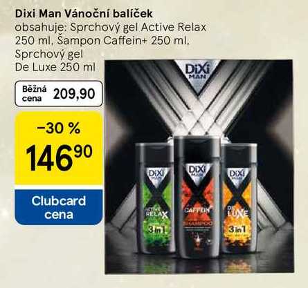 Dixi Man Vánoční balíček obsahuje: Sprchový gel Active Relax 250 ml, Šampon Caffein+ 250 ml. Sprchový gel De Luxe 250 ml  