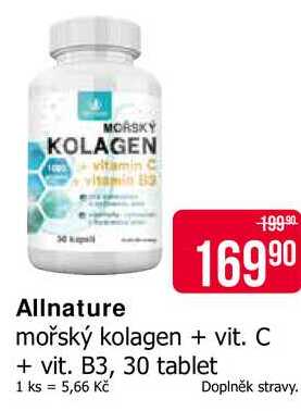 Allnature mořský kolagen + vit. C + vit. B3, 30 tablet