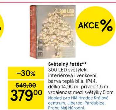 Světelný řetěz, 300 LED světýlek. interiérová i venkovní. barva teplá bílá, IP44. délka 14.95 m. přívod 1.5 m. vzdálenost mezi světýlky 5 cm